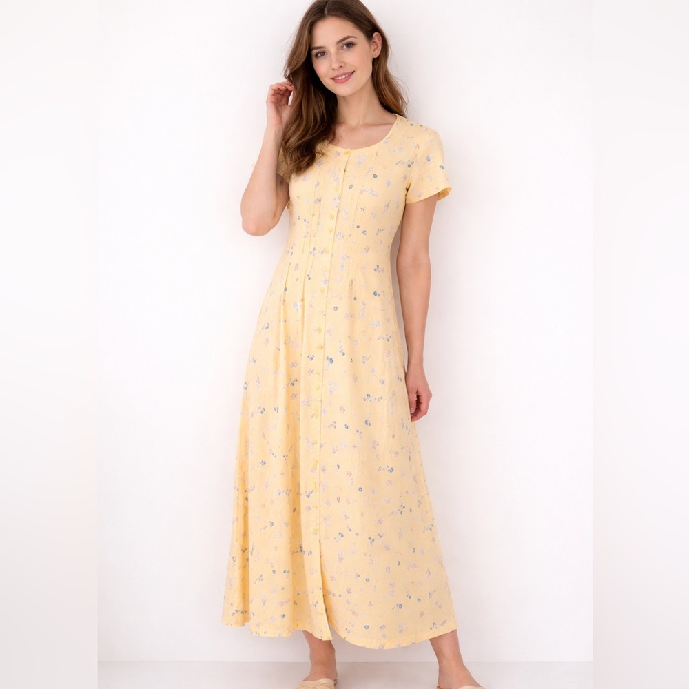 L.L. Bean Yellow Floral Midi Dress Cottagecore Button Front Soft Girl Vintage